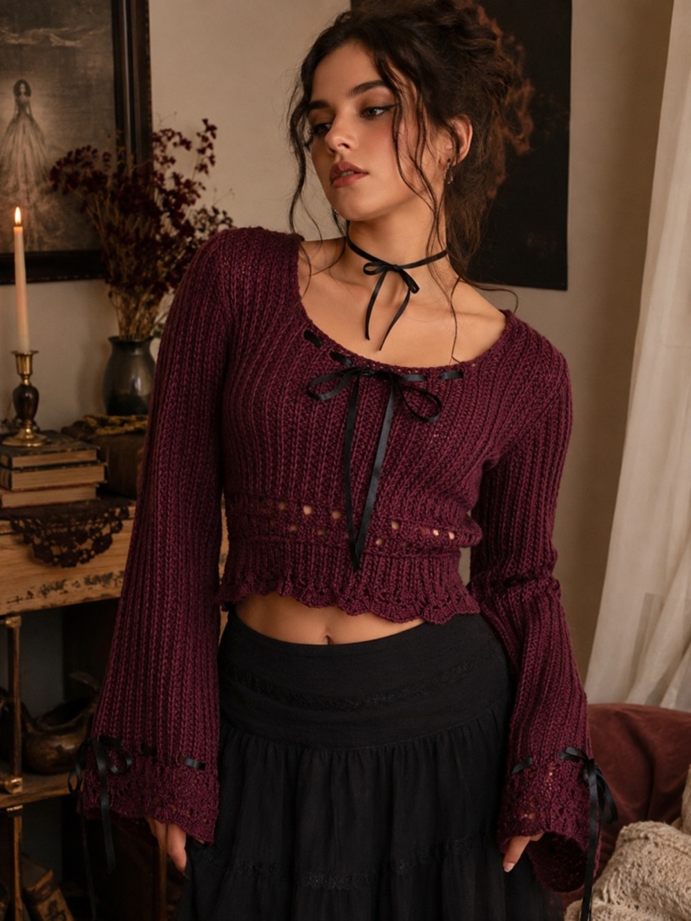 Daisy Street Burgundy Ribbon Knit Crop Sweater Bell Sleeve Whimsigoth Boho Sz M